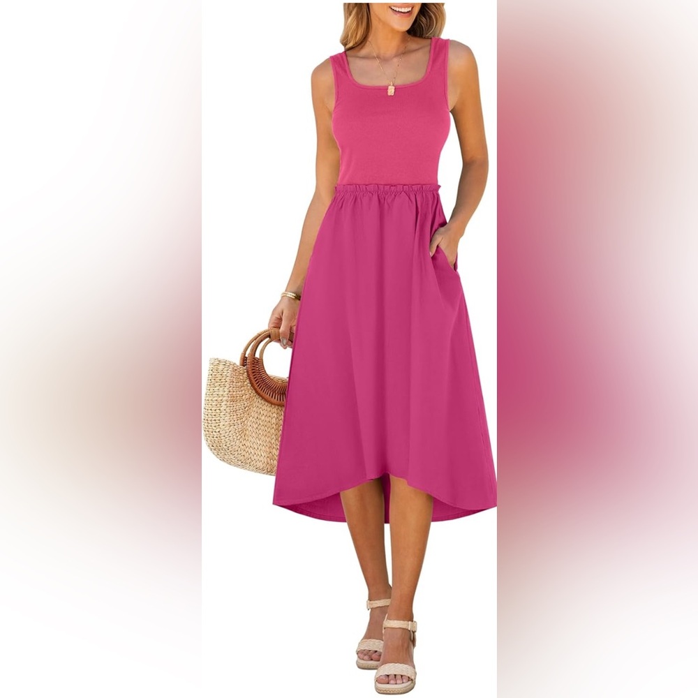 ANRABESS Dress Casual Tank Top Midi Dress Flowy Square Neck Vacation 2024 Trendy